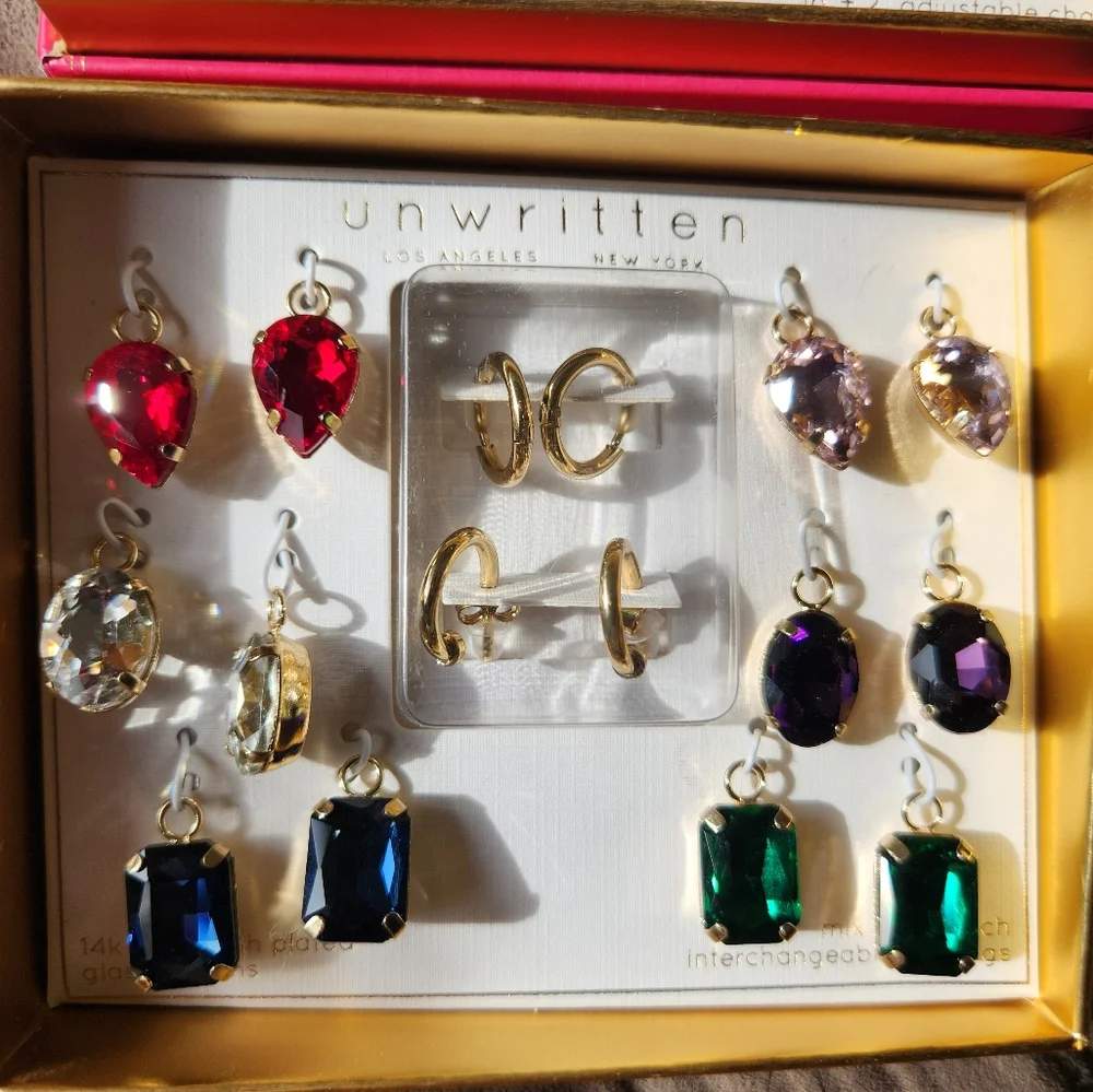 Unwritten Interchangable Pendant Glass Charms Necklace Earrings Colored Gems NWT